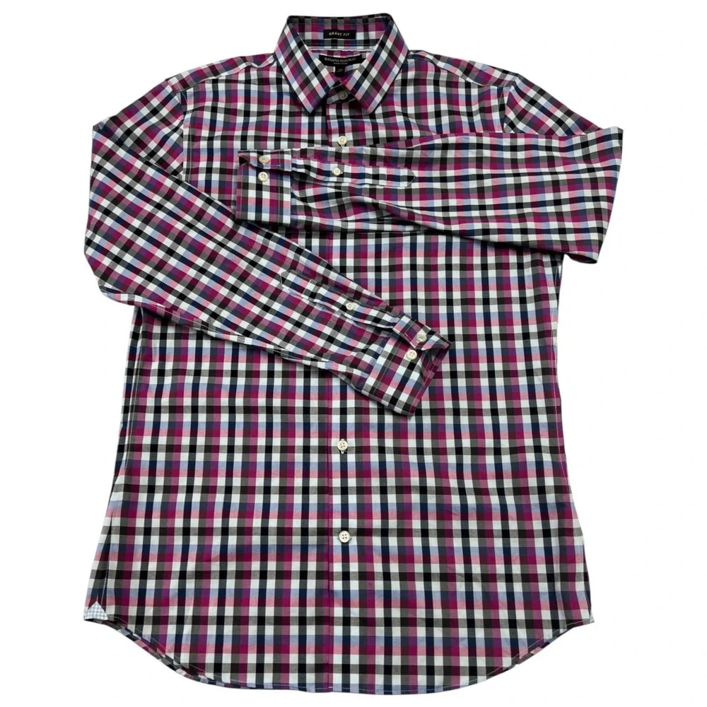 Banana Republic Men's Grant Fit Non Iron Blue Pink Plaid Button Down Shirt Sz M